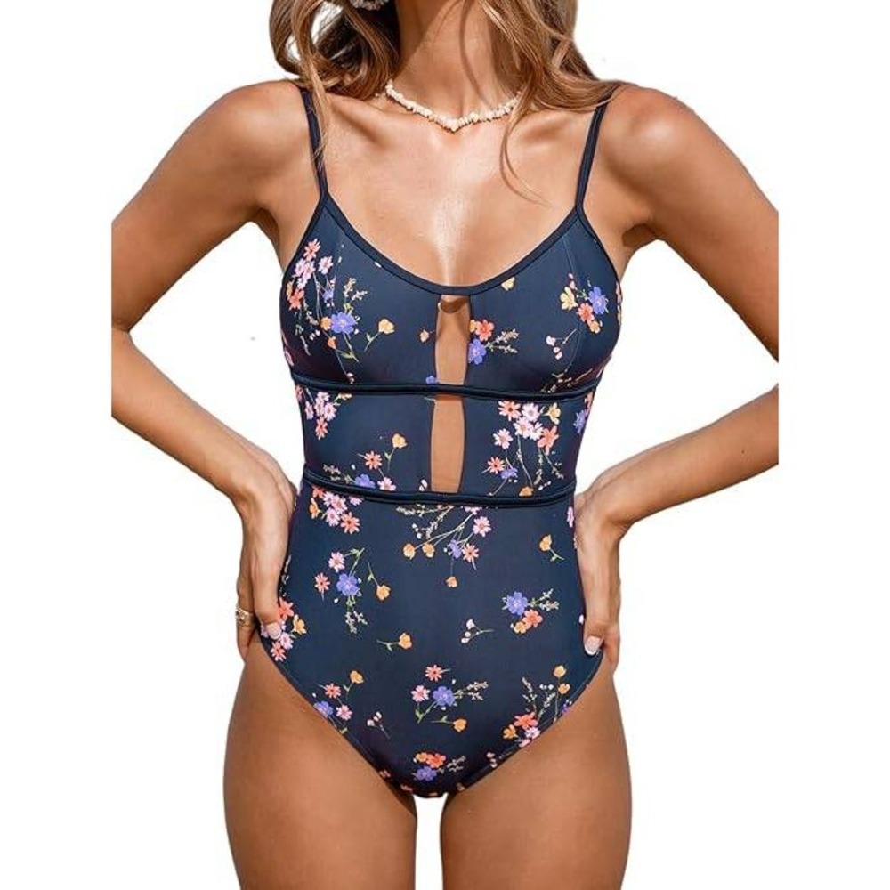 CUPSHE Womens Navy‎ Blue Floral Cutout One Piece Swimsuit Size S New With Tags